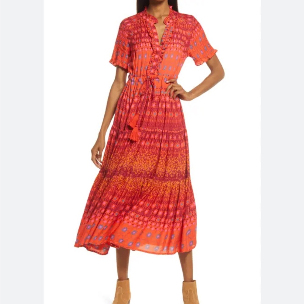 Women's Orange-Pink Printed Midi Dress with Tassel Tie